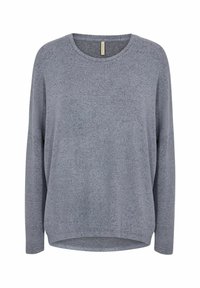 Pull gris à manches longues avec une coupe loose, un col rond et une surface texturée. Présente un ourlet courbé et des coutures d'épaule tombantes.
