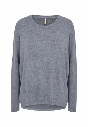 Maglione grigio a maniche lunghe con una vestibilità morbida, scollo tondo e una superficie testurizzata. Presenta un orlo curvo e cuciture delle spalle scese.