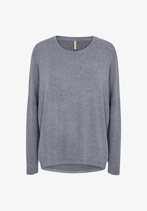 Grå långärmad tröja med lös passform, rund halsringning och en texturerad yta. Har en rundad nederkant och sänkta axelsömmar.