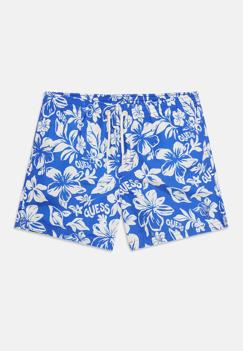 Μπλε μαγιό σορτς με λευκά τροπικά άνθη ιβίσκου και λογότυπα "GUESS", με ελαστική μέση και λευκό κορδόνι.
