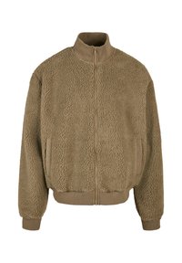 Volnena jopa v utišani rjavi barvi, z zadrgo na sprednji strani, visokim ovratnikom in elastičnimi manšetami. Teksturiran material z dvema stranskima žepoma.