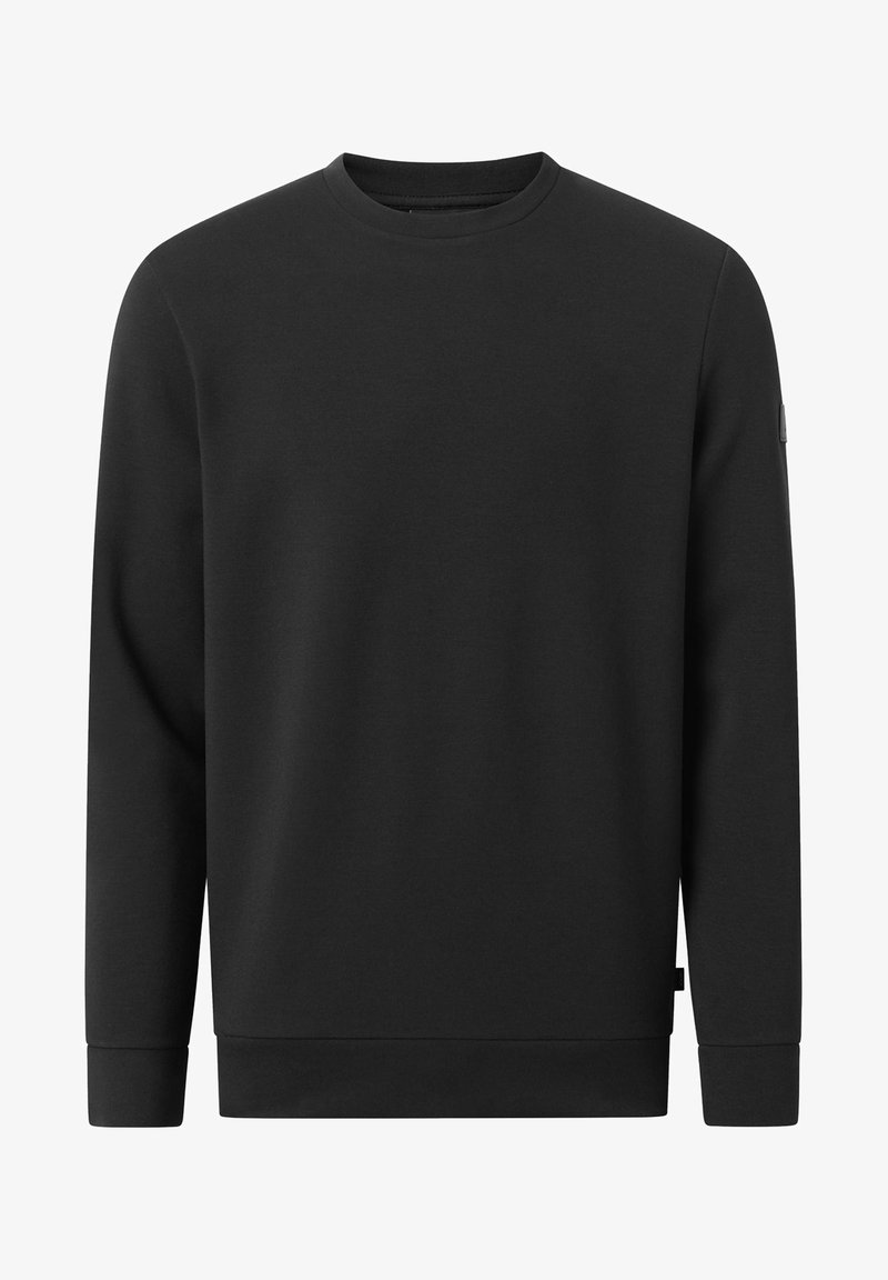 Sudadera negra hecha de un material suave, con cuello redondo, mangas largas y puños y dobladillo acanalados. Sin patrones ni logotipos visibles.