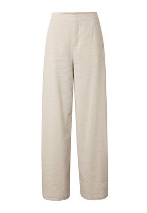 Pantaloni beige in lino a gamba larga con vita elasticizzata e dettagli sottili sulle tasche laterali.