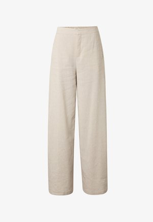 Pantaloni beige in lino a gamba larga con vita elasticizzata e dettagli sottili sulle tasche laterali.