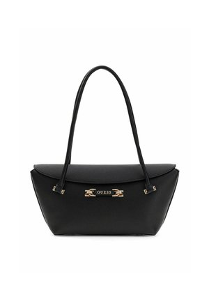 Sac à main Guess en cuir noir avec quincaillerie dorée, forme rectangulaire, et deux fines bandoulières sur un fond blanc.