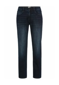 Donker gewassen denim jeans met een rechte pijp, voorzien van vijf zakken, een knopenritsing en subtiele vervaging langs de dijen.