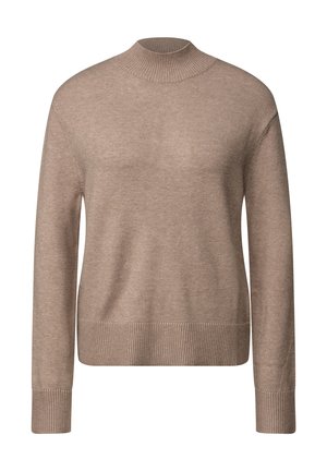 Světle béžový pletený svetr s vysokým žebrovaným výstřihem, dlouhými rukávy a žebrovaným lemem. Tkanina se zdá být měkká a mírně strukturovaná.