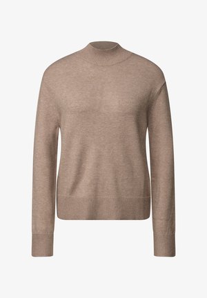 Světle béžový pletený svetr s vysokým žebrovaným výstřihem, dlouhými rukávy a žebrovaným lemem. Tkanina se zdá být měkká a mírně strukturovaná.