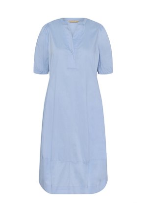 Svetlo modra bombažna obleka z V-izrezom, kratkimi napihnjenimi rokavi in dolžino do kolen. Ponuja subtilen šivni detajl in poudarek s gumbi.