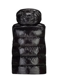 Schwarze gepolsterte Weste mit einer hohen, runden Kapuze, aus glänzendem Material, horizontaler Naht und ohne Ärmel. Glatte Textur über die gesamte Weste.