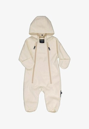 Vaalivalkoinen haalari, jossa on huppu, kaksi etuvetoketjua, ribattu hihansuu ja pehmeä koostumus. Kevyt, suunniteltu mukavuutta ja lämpöä varten.