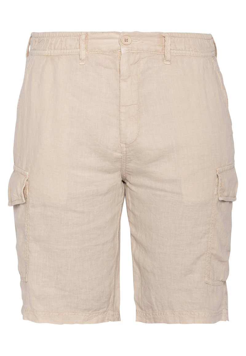 Beige Cargo-Shorts aus leichtem Stoff, mit zwei Seitentaschen, einem Knopfverschluss und einem elastischen Bund für zusätzlichen Komfort.