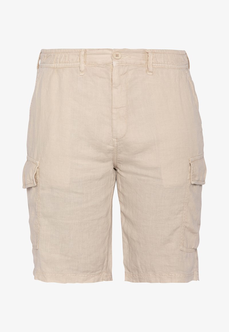 Beige Cargo-Shorts aus leichtem Stoff, mit zwei Seitentaschen, einem Knopfverschluss und einem elastischen Bund für zusätzlichen Komfort.