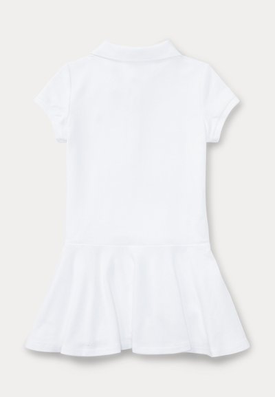White short-sleeve dress with collar and flared skirt, shown from the back on a plain light background.