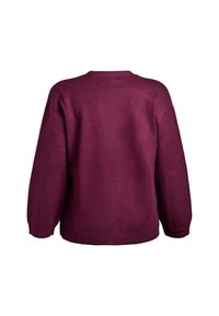 Dlouhý rukáv, volný crewneck svetr v hluboké burgundské barvě, zobrazený zezadu na bílém pozadí.