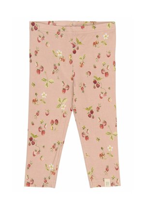 Rosa Leggings mit einem floralen Erdbeerprint, ergänzt durch grüne Blätter und weiße Blumen. Hergestellt aus weichem Stoff, verfügen sie über einen elastischen Bund.