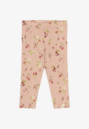 Leggings roz cu un imprimeu floral de căpșuni, prezentând frunze verzi și flori albe. Confectionate dintr-un material moale, au o talie elastică.