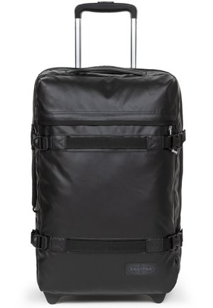 Black rolling backpack with a smooth, glossy finish. Features adjustable straps, a telescopic handle, and a visible logo.