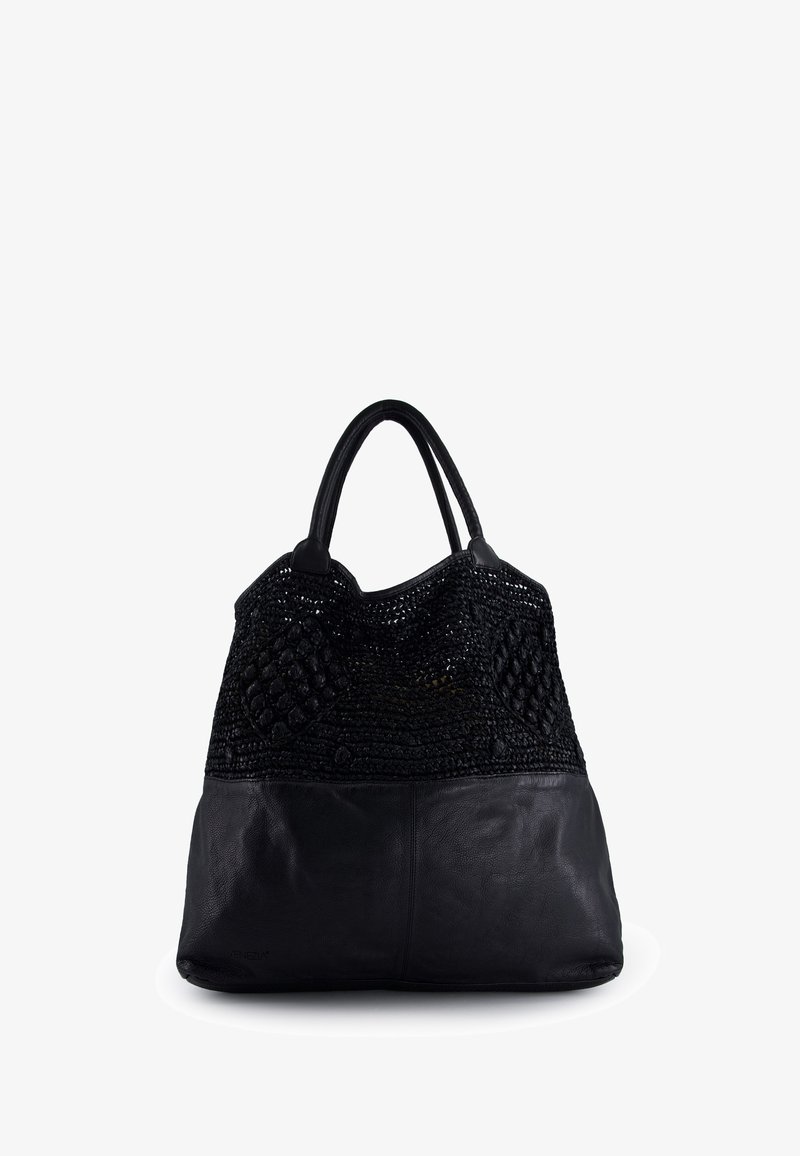 Czarna torba typu tote z plecioną górną częścią o teksturowanym wzorze i gładką skórzaną podstawą; podwójne uchwyty umożliwiające łatwe przenoszenie.