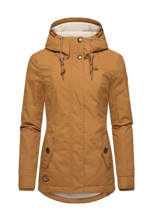 Brown hooded jacket with a textured fabric, featuring front pockets, snap buttons, and drawstrings. Lined with a soft interior.