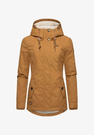 Brown hooded jacket with a textured fabric, featuring front pockets, snap buttons, and drawstrings. Lined with a soft interior.