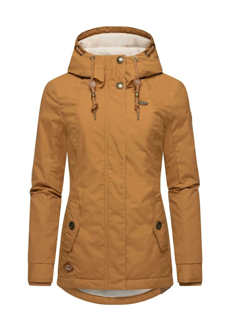 Brown hooded jacket with a textured fabric, featuring front pockets, snap buttons, and drawstrings. Lined with a soft interior.