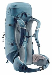 Blue hiking backpack with padded mesh back and straps, adjustable hip belt, top pocket, and multiple attachment points. Textured fabric.