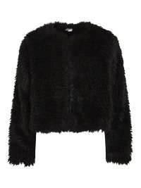 Svart fuskepels cropped jakke med lange ermer, rund halslinje og en fluffy tekstur. Ingen lukking eller utsmykninger er synlige.