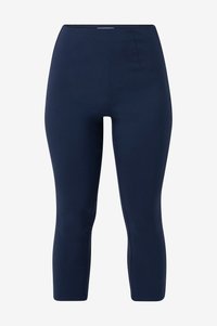 Navy blue leggings made from smooth, stretchy fabric; features a high waistband and cropped design with side seams for a tailored fit.