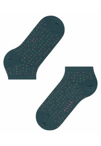 Chaussettes chevilles teal avec des pois multicolores. Tissu doux et renfort aux orteils et au talon. Nom de la marque "FALKE" imprimé sur le côté.