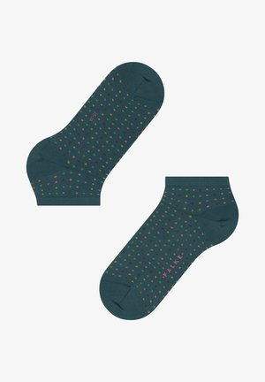 Teal ankle socks with multicolored polka dots. Soft fabric and reinforced toe and heel. Brand name "FALKE" printed on the side.