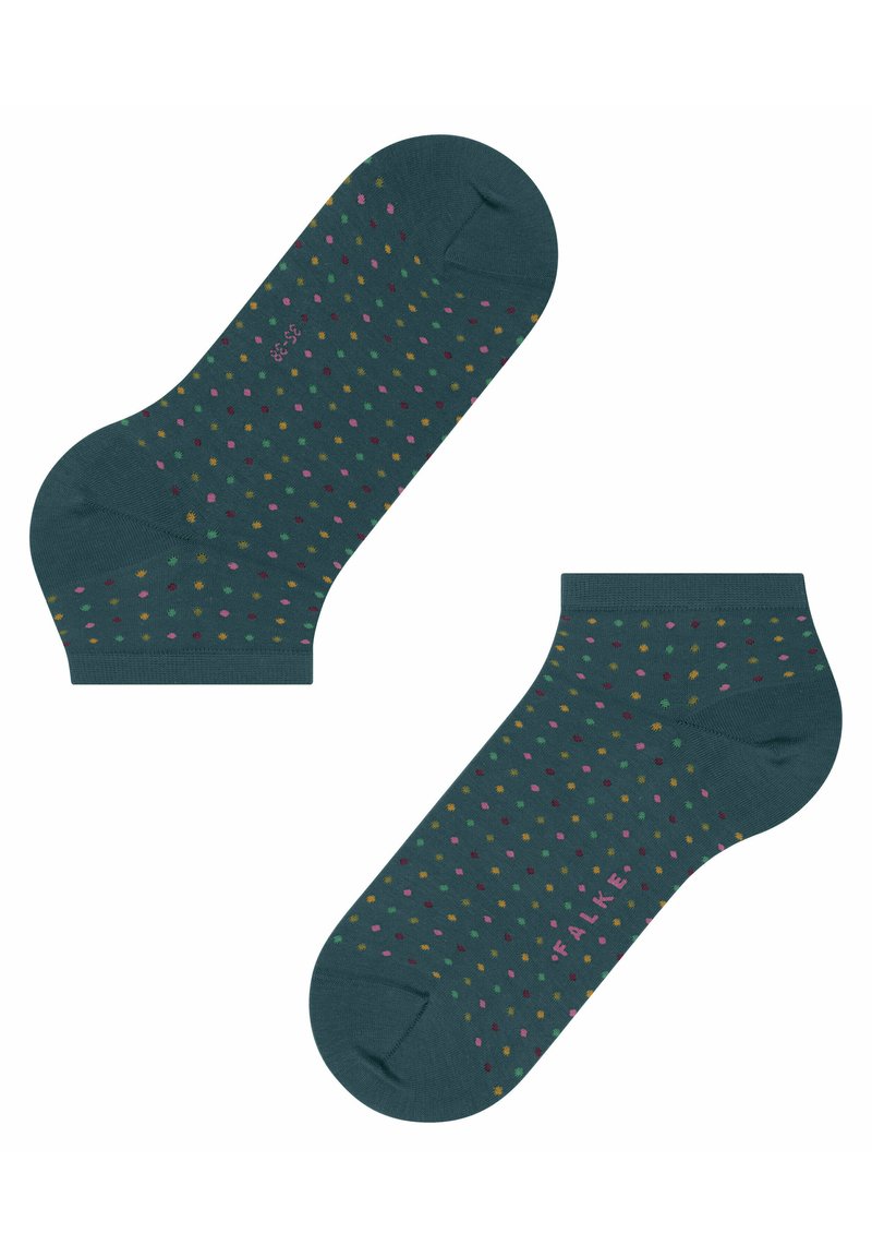 Chaussettes chevilles teal avec des pois multicolores. Tissu doux et renfort aux orteils et au talon. Nom de la marque "FALKE" imprimé sur le côté.