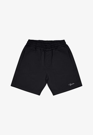 Črne bombažne kratke hlače z elastičnim pasom, dvema stranskima žepoma in majhnim belim logotipom na spodnjem desnem delu noge. Gladek, enostaven material.