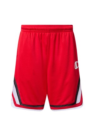 Rode sportshorts met witte en zwarte zijaccenten en een elastische tailleband, met een klein wit merkembleem op het rechterbeen.