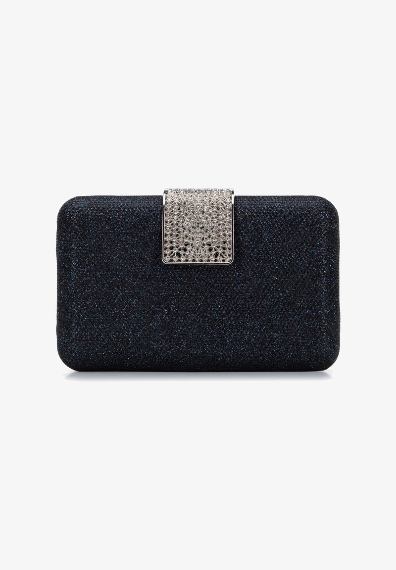 Black clutch with textured fabric and a silver-tone clasp featuring a crystal embellishment. Rectangular shape with rounded edges.