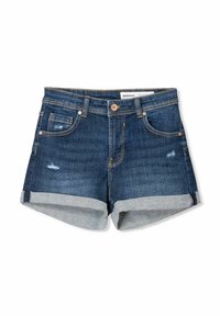 Shorts de mezclilla en azul oscuro con dobladillo enrollado, que cuentan con cinco bolsillos, ligero desgaste y costuras en contraste. Diseñados por Bershka.