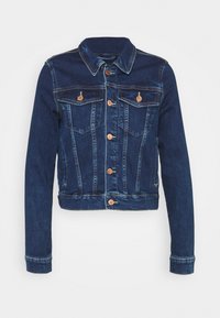 Dark blue denim jacket with a fitted design, button front, two chest pockets with flaps, and a cropped hem. Textured fabric with stitching details.