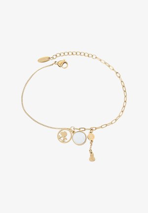 Aranylánc karkötő, kerek fehér gyöngyház díszítéssel, logó charm-mel és egyedi medállal. Lánc kialakítás, kapcsos záródással.