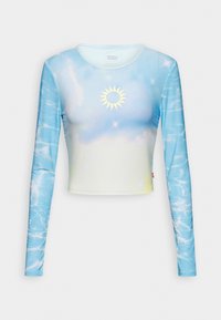 Pitkähihainen crop-top vaaleansinisellä taivaalla ja vesikuvioilla. Keskellä aurinkokuvio. Sileä ja joustava kangas.
