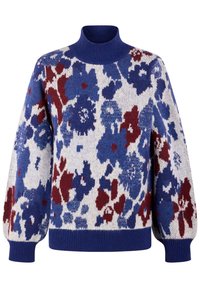 Pletený svetr s vysokým límcem, s modrým, bordó a bílým květinovým vzorem. Texturovaná tkanina s žebrovanými manžetami a lemem.