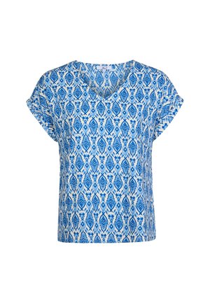 Korte mouwen blauwe en witte V-hals top met een herhalend ruitpatroon. Gemaakt van een lichte stof met een gladde textuur.