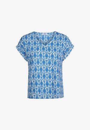 Korte mouwen blauwe en witte V-hals top met een herhalend ruitpatroon. Gemaakt van een lichte stof met een gladde textuur.