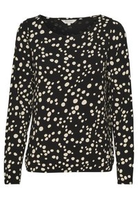 Long-sleeve black top with white dot pattern; round neckline; soft fabric; casual fit.