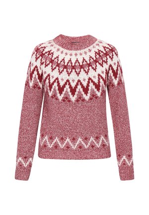 Punainen ja valkoinen kuvioitu neule, jossa on erottuva chevron-muotoilu, neulosteksti ja pyöreä kaula-aukko pitkillä hihoilla.