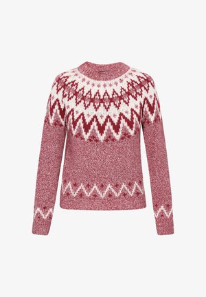 Punane ja valge mustriga sviiter, millel on iseloomulik chevron-tekstuur, kudumisstruktuur ja ümmargune kaelus koos pikkade varrukatega.