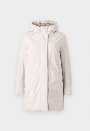 Light gray waterproof jacket with a hood, front zipper, and side pockets. Features smooth texture and minimalistic design.