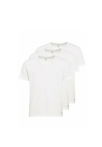 Sæt af tre hvide bomulds v-hals t-shirts. Korte ærmer, letvægtsstof, standard pasform, og mærket synligt på forsiden.