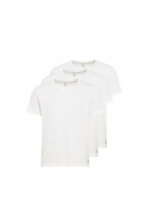 Set of three white cotton v-neck t-shirts. Short sleeves, lightweight fabric, standard fit, and tag visible on the front.