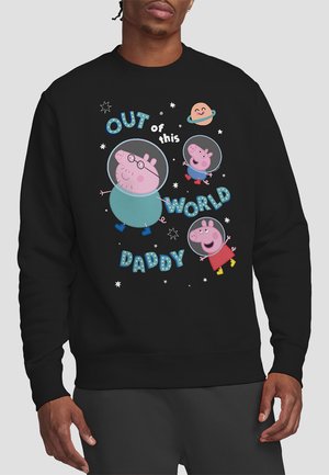 Black sweatshirt featuring cartoon characters in space helmets, text "OUT of this WORLD DADDY," and colorful planetary details.