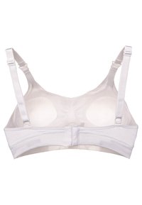 Sutiã sem fios branco com alças ajustáveis, textura suave, faixa elástica e copos moldados. Possui um fecho de gancho e olho na parte de trás.